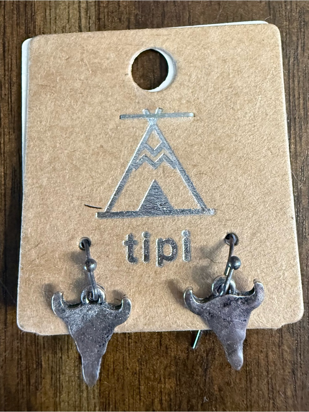 Tipi Silver Bull Head Dangle Earrings - Rustic Silver Tone